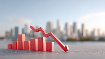 Financial Crisis Red Graph with Declining Arrow and Cityscape Background under Soft Lighting