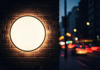 A glowing round lightbox sign mockup on a dark building exterior at night a blank illuminated circle for a bar or club logo presentation