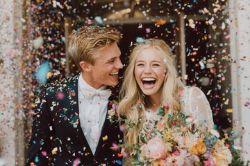 Happy couple celebrating wedding with confetti