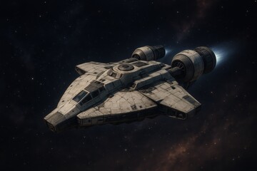 Futuristic spacecraft with glowing engines in starfield. Use for sci-fi entertainment, aerospace concepts, gaming, and space art.
