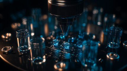 Close-up of a precision instrument dispensing liquid into small glass vials on a scientific work surface with blue lighting and chemical notations.