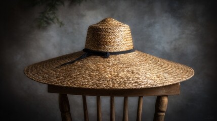Straw hat on wooden chair against gray background with slats

