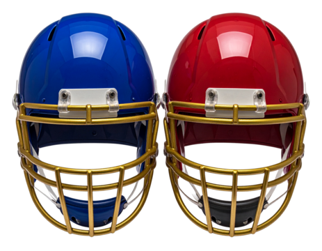 Two American Football Helmets Facing Each Other Red and Navy Blue Glossy Finish Gold Facemasks A I G E N E R A T E D - P N G isolated on a transparent backgroun - Powered by Adobe