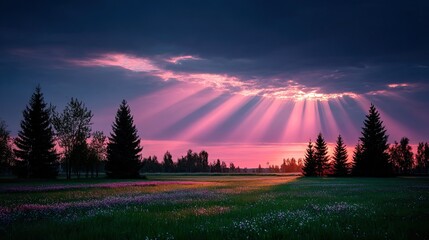 Ethereal Sunset with Purple Sky and Golden Light Rays over Field of Flowers and Silhouetted Trees Landscape