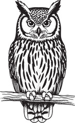 Owl Perched On Branch Illustration Black And White bird animal