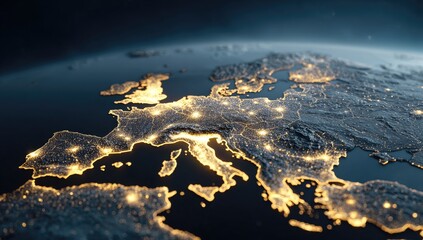 European continent, illuminated by city lights, detailed 3D map