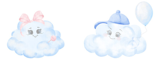 A cloud in a blue cap with balloon and cloud with a pink bow and a lollipop. watercolor illustration. A set of funny clouds with smiles and eyes, isolated on white background. For children's printing