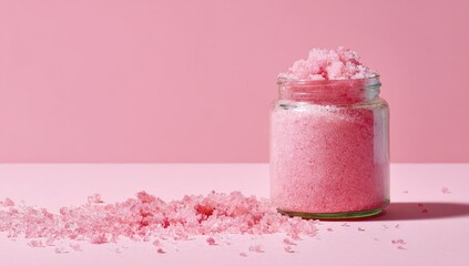 Pink bath salt in a jar on a pink surface
