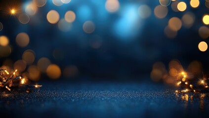 Glimmering fairy lights illuminate a dark blue, sparkly surface, creating a festive, magical atmosphere perfect for holiday backgrounds