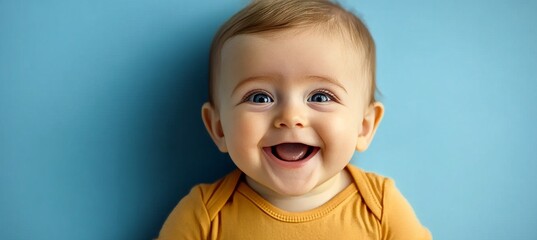 Naklejka premium Cute baby with a sweet smile looking at the camera, joyful mood against a bright blue background.
