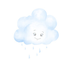 A fluffy cloud with eyes looks down at the raindrops. Watercolor digital illustration. A funny blue cloud is smiling, isolated on white background. For children's printing and textiles, for packaging
