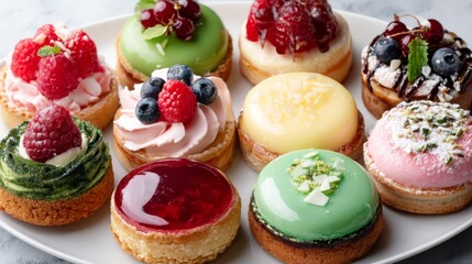 Elegant assortment of miniature pastries arranged in a circular pattern on a glossy white plate with copy space, showcasing vibrant colors, glossy textures, and intricate toppings in a bright, minima
