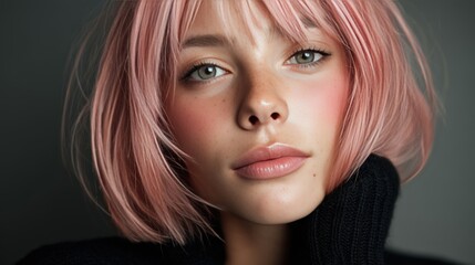 Fototapeta premium Portrait de jeune femme aux cheveux roses et aux yeux verts clairs