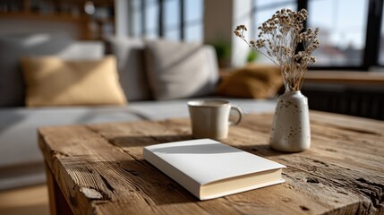 Table en bois rustique avec livre ouvert et décoration minimaliste