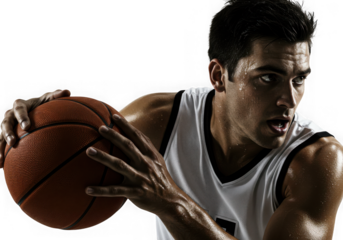Closeup of a basketball player dribbling the ball isolated on transparent background