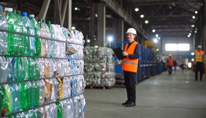 Plastic bottles and waste on a conveyor belt in a recycling factory, workers in safety