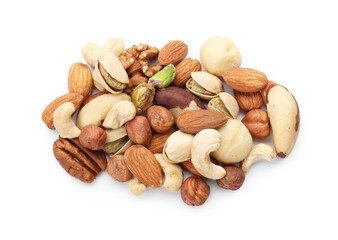Mix of different nuts isolated on white, top view