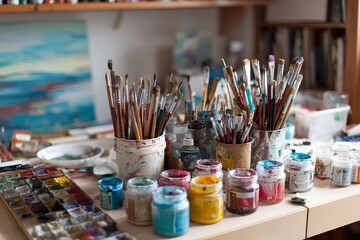 Fototapeta premium Artist studio workspace with paintbrushes and colorful paints