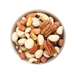 Mix of different nuts in bowl isolated on white, top view