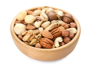 Mix of different nuts in bowl isolated on white