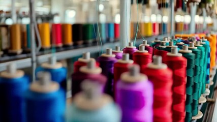 Colored spools of thread at a textile factory Relevant for articles about handicrafts, advertisements for creative materials, educational materials about the textile industry, and hobby blogs.

