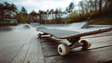 Skateboard rests on wooden platform in a skatepark