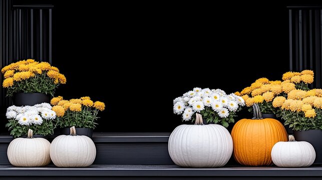 Vibrant pumpkins and cheerful chrysanthemums adorn the front steps, creating a welcoming autumn ambiance filled with seasonal colors and a cozy atmosphere