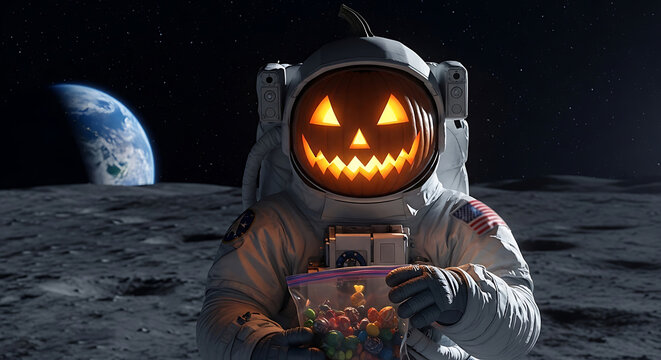 Halloween astronaut on the moon holding candy bag with Earth in the background celebrating trick or treat in space, a spooky outer space adventure