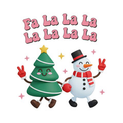 Dancing Christmas Tree and Snowman with Peace Signs and Singing Text graphic design isolated on a transparent background