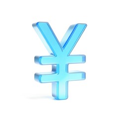 3D Yen and Yuan icon. Blue glass currency symbol for Japanese and Chinese finance, economy, and business, isolated on a white background