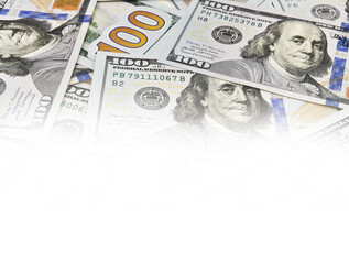 Background of One hundred US dollar bills. Arranged in strips of american cash. copy space