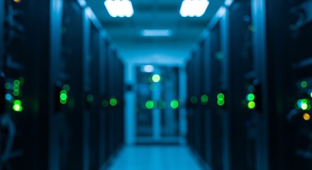 Futuristic server room with glowing green lights and blue ambient lighting