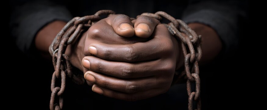 The symbolic depiction of servitude reveals deep anguish bound by chained hands and worn shackles.