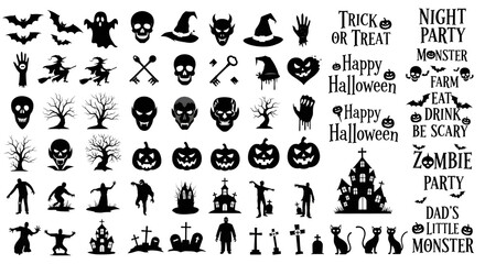 Collection of black halloween icons and text elements isolated on transparent background