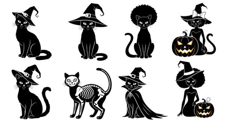 Collection of black cat silhouettes with witch hats and pumpkins isolated on transparent background