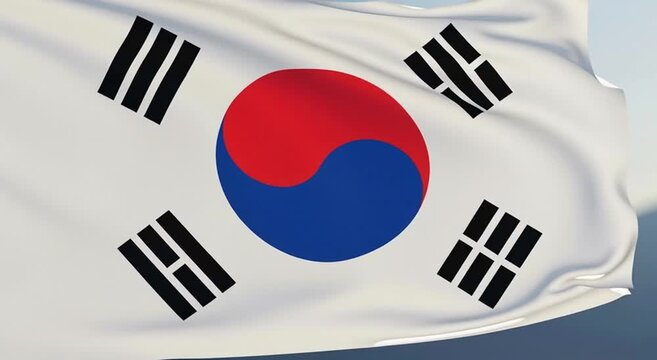 A waving south korean flag with a yin yang symbol and black trigrams on a white background outdoors