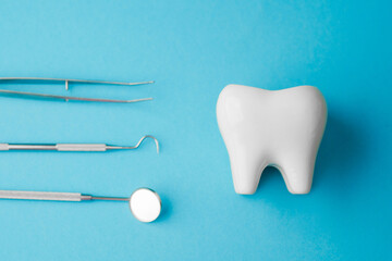 White tooth model and dental tools for oral hygiene examination on blue background.