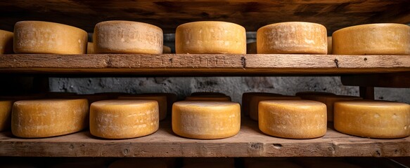 Cheese wheels maturing on wooden racks in a cozy artisan dairy with cheesemaker.