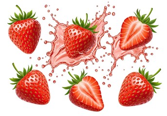 A vibrant collection of fresh strawberries, some whole and some sliced in half, with a splash of pink juice in the center.