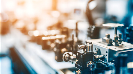 Close-up view of industrial machinery in a manufacturing setting with blurred background and warm lighting