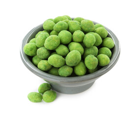 Delicious wasabi coated peanuts in bowl isolated on white