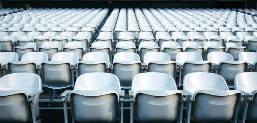 Rows of empty white plastic stadium seats, awaiting a crowd, waiting, seats
