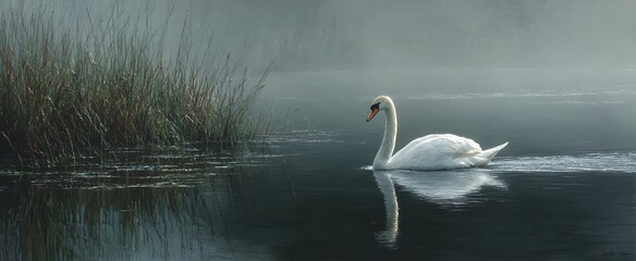 A lone swan glides silently evoking calm and grace over misty dawn waters.