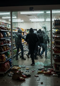 Broken Glass Door with Group of Masked Individuals Looting Grocery Store During Night