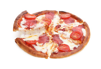 Taking piece of delicious pizza with cheese, salami and tomatoes on white background