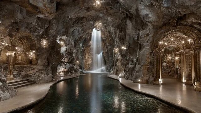 Enchanting Underground Sanctuary: Waterfall Cascade and Ornate Architecture in a Hidden Cave