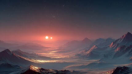 Vibrant alien landscape with twin suns setting over majestic mountain range, inspiring awe and wonder