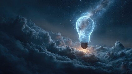 Earth-shaped lightbulb floats amidst clouds at night, starlit sky