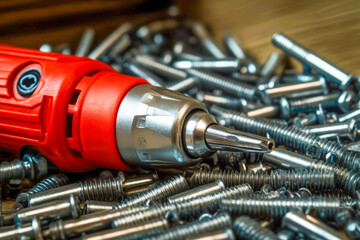 A cordless drill with a red handle lies on a wooden surface surrounded by various metal screws. The setting suggests a busy workshop activity