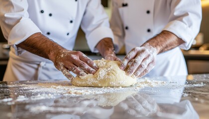 Two chefs' hands kneading fresh dough on a floured kitchen counter, preparing bread or pastries.
